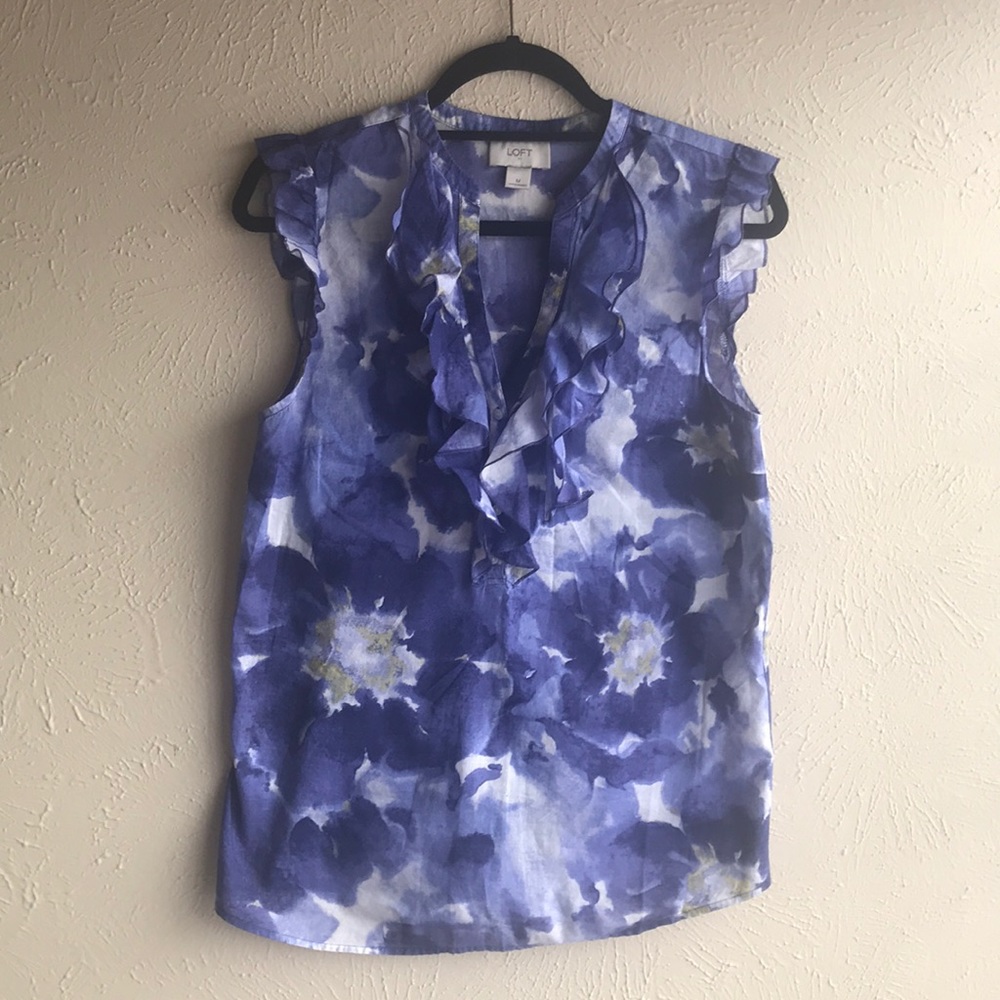 Loft Purple Watercolor Ruffle Collar Top